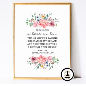 Impresión de novia Suegra Descarga digital de arte de pared para la madre del novio Proverbios 31:28 Decoración Obra de arte amada Poema de agradecimiento imprimible