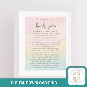 Parents adorables, merci numérique imprimable enseignant art mural lettre éducatrice en garderie carte impression éducative éducateur appréciation cadeau déco