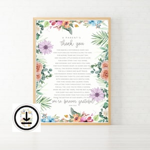 Floral parent merci numérique imprimable enseignant art mural lettre garderie carte éducatif impression éducateur appréciation cadeau éducation
