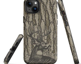 May include: A protective phone case featuring a camouflage tree bark pattern with a detailed illustration of a deer with large antlers in the foreground. The case displays the back, side, and bottom views, showing camera cutouts and side buttons.