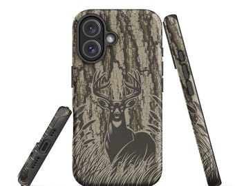 May include: A mobile phone case featuring a camouflage pattern of tree bark and tall grass with a dark brown silhouette of a buck deer with antlers centered on the back. The case is shown from the back, side, and bottom angles with cutouts.