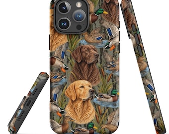 May include: A smartphone case featuring a detailed outdoor scene with a chocolate Labrador and a golden Labrador surrounded by mallard ducks, cattails, and water. The design covers the back and sides of the case, showcasing a nature-inspired pattern.