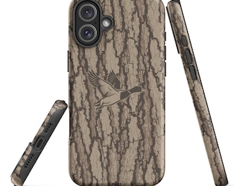 May include: A phone case featuring a brown and tan tree bark camouflage pattern with a dark brown silhouette of a flying duck centered on the back. The case includes cutouts for the camera lenses and side buttons, shown from three angles.