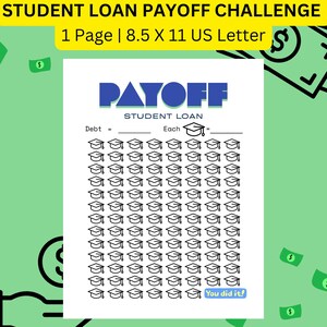 May include: A printable student loan payoff challenge tracker. The tracker features a grid of 100 graduation caps to color in as you pay off your student loan debt. The text "PAYOFF STUDENT LOAN" is at the top of the page. The text "Debt =" and "Each =" are at the top of the grid. The text "You did it!" is at the bottom of the grid.