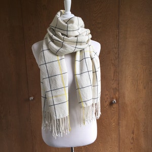 White Cashmere Silk Scarf Black Window Pane Pattern with More Yellow Lines image 2