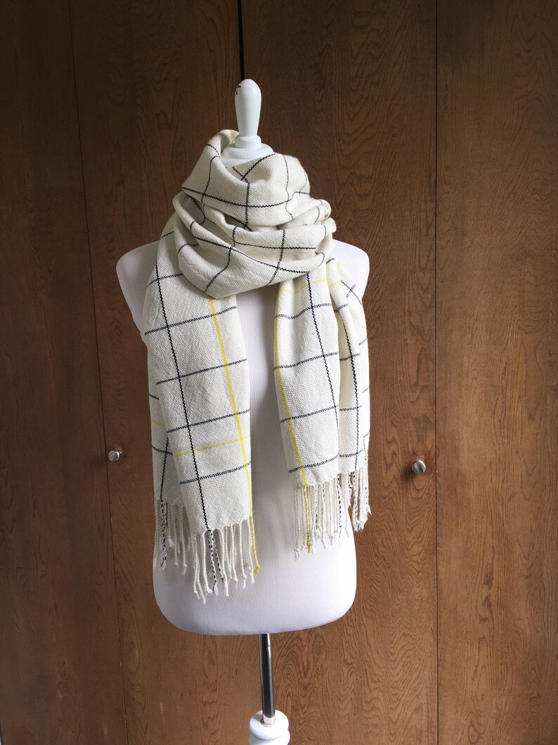 White Cashmere Silk Scarf Black Window Pane Pattern with More Yellow Lines image 2