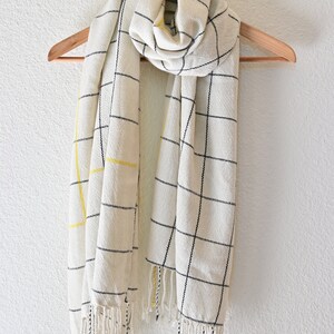 White Cashmere Silk Scarf Black Window Pane Pattern with More Yellow Lines image 5