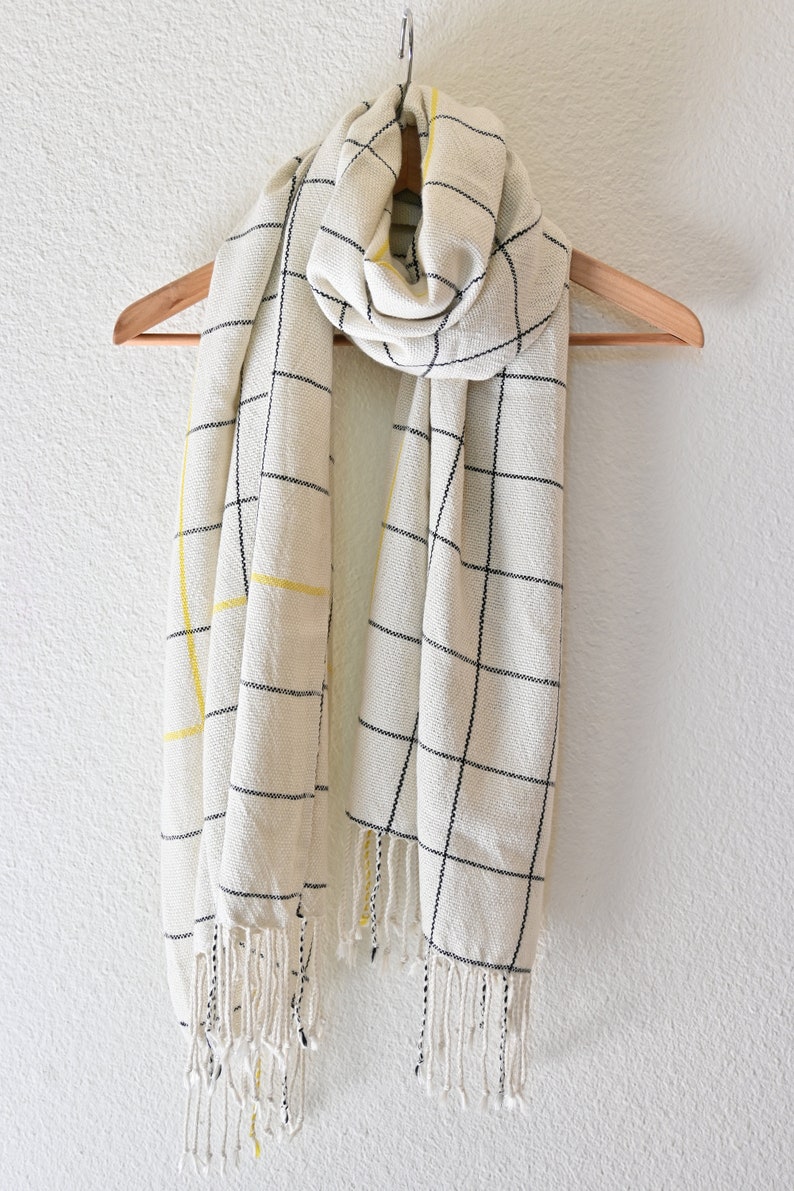 White Cashmere Silk Scarf Black Window Pane Pattern with More Yellow Lines image 5