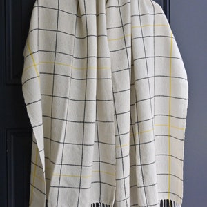 White Cashmere Silk Scarf Black Window Pane Pattern with More Yellow Lines image 7