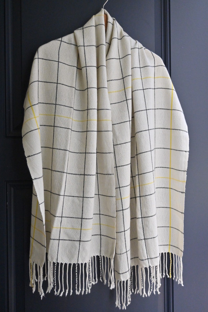 White Cashmere Silk Scarf Black Window Pane Pattern with More Yellow Lines image 7