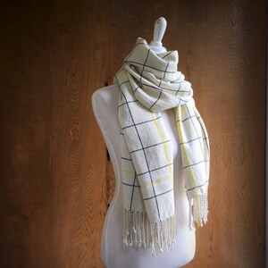 White Cashmere Silk Scarf Black Window Pane Pattern with More Yellow Lines image 1