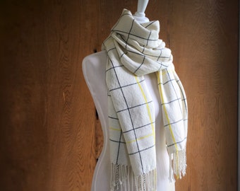 White Cashmere Silk Scarf Black Window Pane Pattern with More Yellow Lines