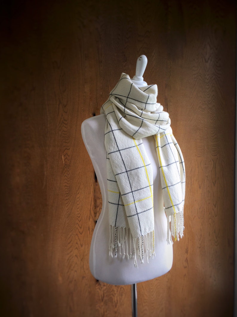 White Cashmere Silk Scarf Black Window Pane Pattern with More Yellow Lines image 1