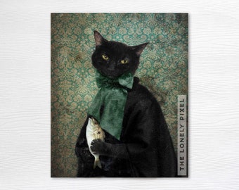Rococo Black Cat Print, Lady Jigger with Fish, Animal Art