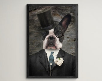 Boston Terrier Wall Print - Top hat and monocle - Dog Portrait - 5x7 8x10 11x14 16x20 16x24 24x30 24x36 inches