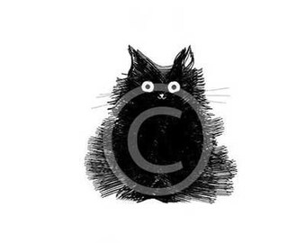 Black Cat Drawing - cute illustration - fluffy kitty print