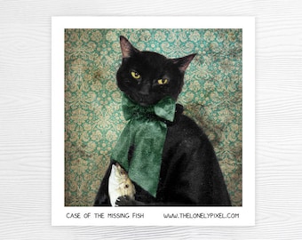 May include: A black cat wearing a green bow tie and holding a fish in its mouth. The cat is against a green and white patterned background. The text "CASE OF THE MISSING FISH" and "www.thelonelypixel.com" are at the bottom of the image.