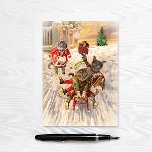 Carte de Noël trois chats - carte de voeux promenade en traîneau - 5 x 7 vierges
