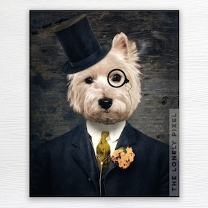 a photo of a westie dog dressed in a suit, top hat and monocle