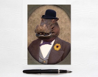 Hippo Greeting Card - 5x7 Blank - Dressed up Hippopotamus