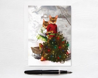 Two Cats Christmas Card - Animal Xmas Greeting Cards - 5x7 Blank