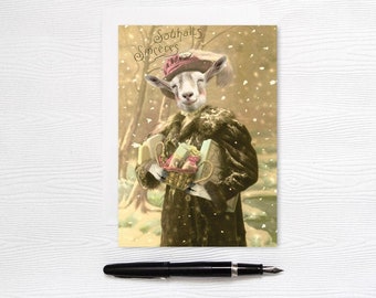 Tarjeta navideña con cabra - Navidad victoriana con animales - Tarjetas de felicitación - 5x7 Canadá