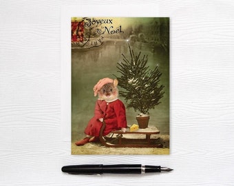 Tarjeta navideña de animales - Ratón victoriano - Tarjetas de felicitación navideñas en blanco