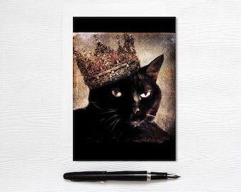 Black Cat Greeting Card - Crown King Queen Royalty Pet - 5x7 Blank Cards