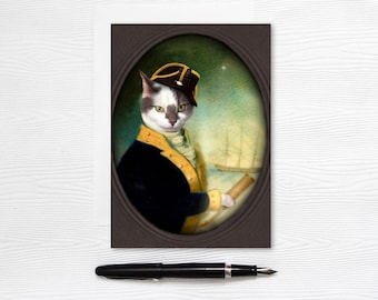 Cartão de felicitações de gato - pirata - capitão do mar - papelaria em branco 5x7