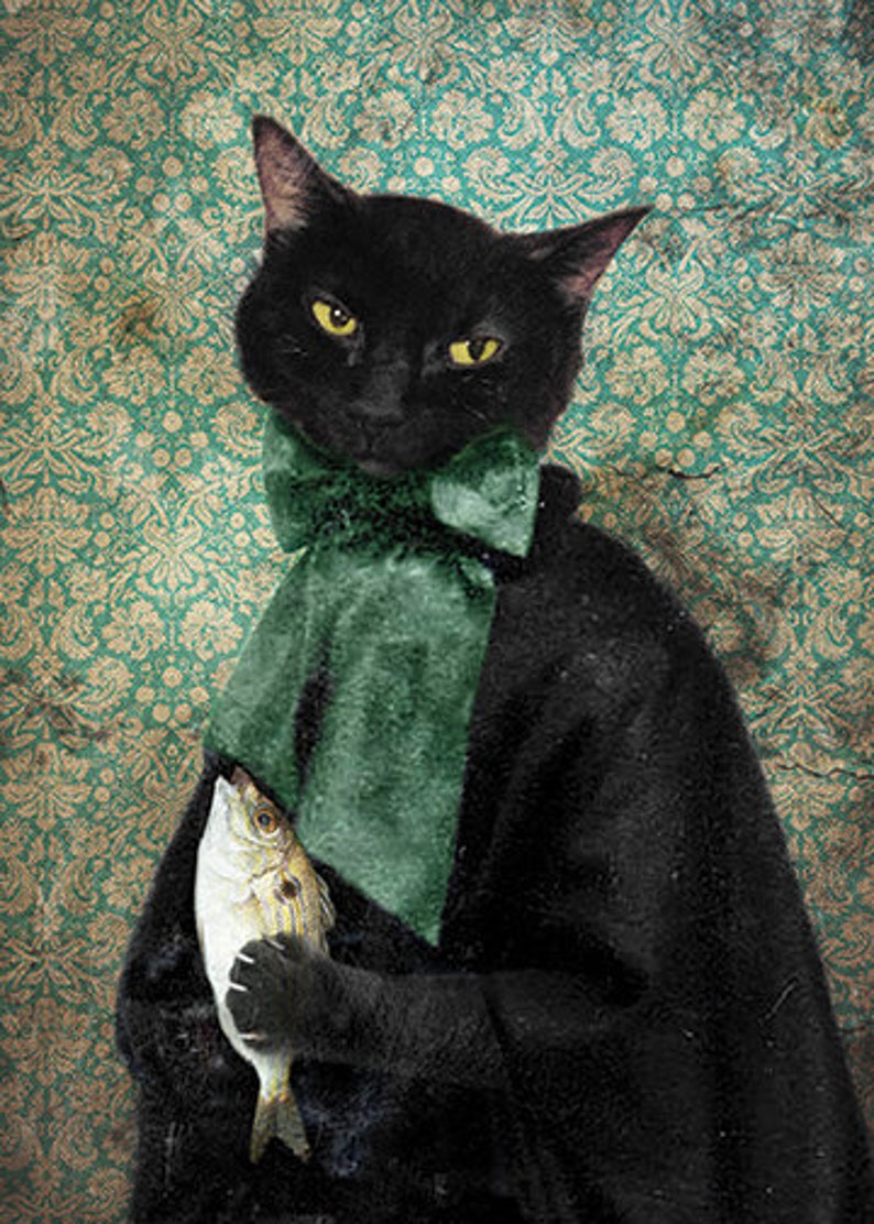 Rococo Cat Photo Print, Black Cat Holding Fish, Animal Art Photography, 5x7, 8x10 Case of the Missing Fish 5x7 inches