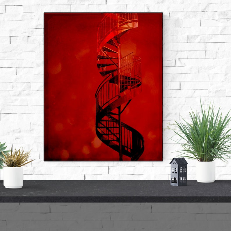 Montreal Photo Print Architecture Photography Spiral Staircase Red Decor Cherry Twist image 2