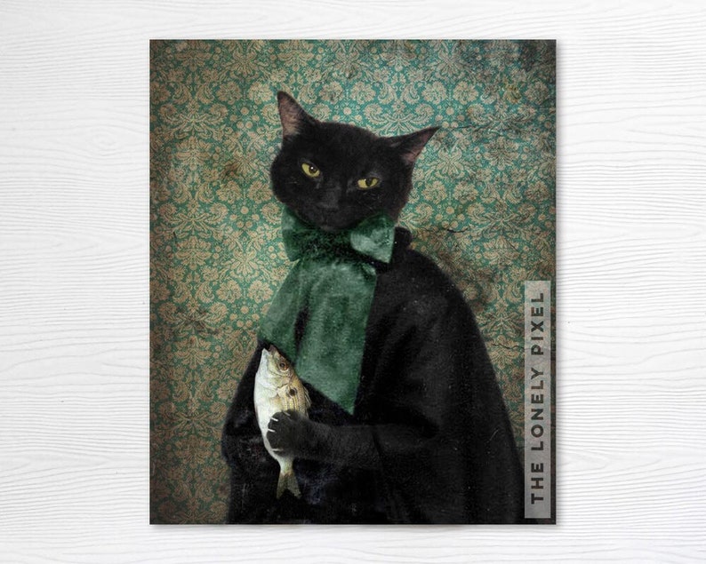 Rococo Cat Photo Print, Black Cat Holding Fish, Animal Art Photography, 5x7, 8x10 Case of the Missing Fish image 1