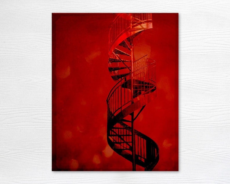 Montreal Photo Print Architecture Photography Spiral Staircase Red Decor Cherry Twist image 1