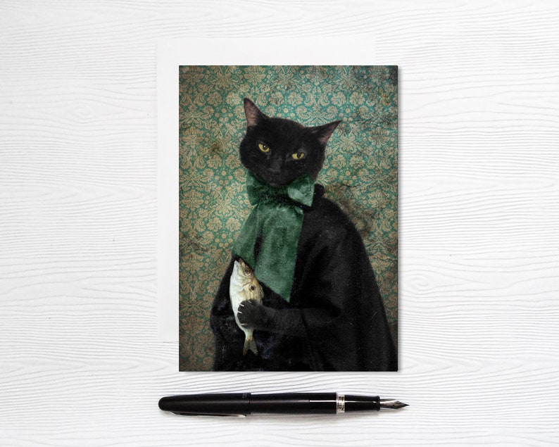 Rococo Cat Photo Print, Black Cat Holding Fish, Animal Art Photography, 5x7, 8x10 Case of the Missing Fish image 4