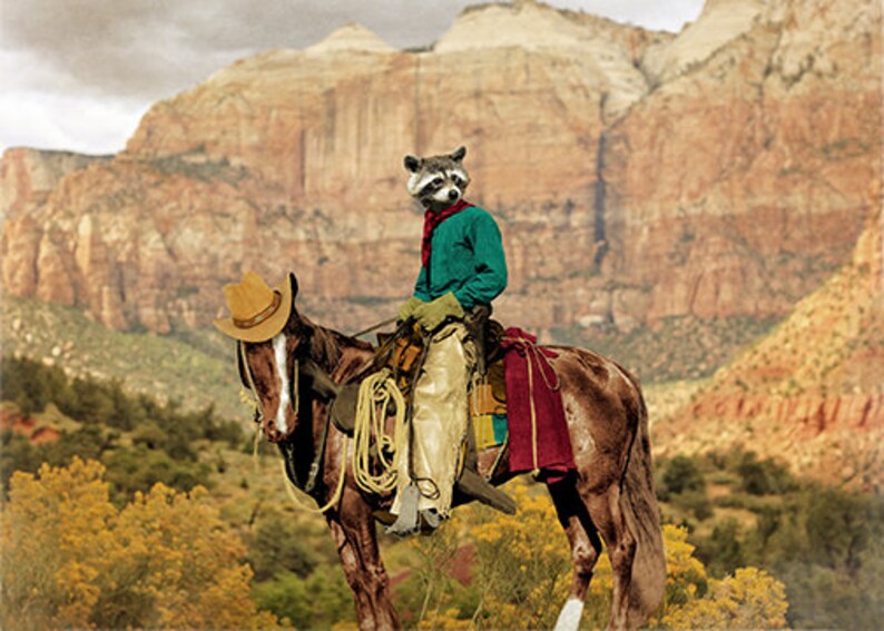Cowboy Raccoon Print Horse Western Art 5x7 8x10 11x14 - Etsy