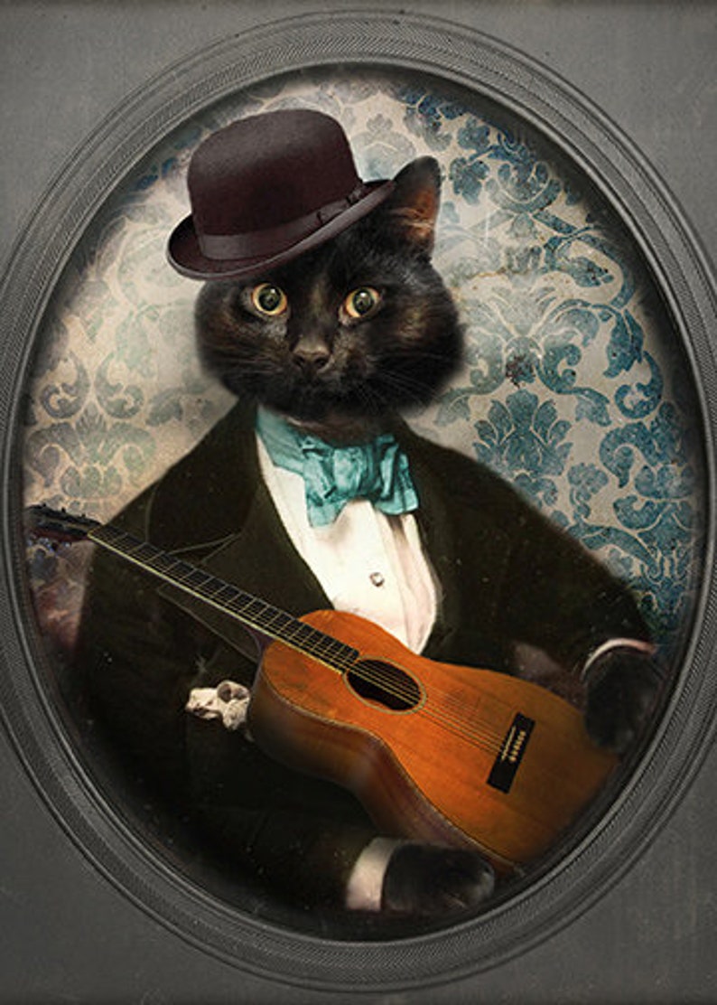 Black Cat playing guitar 5x7 8x10 print musican art Etsy