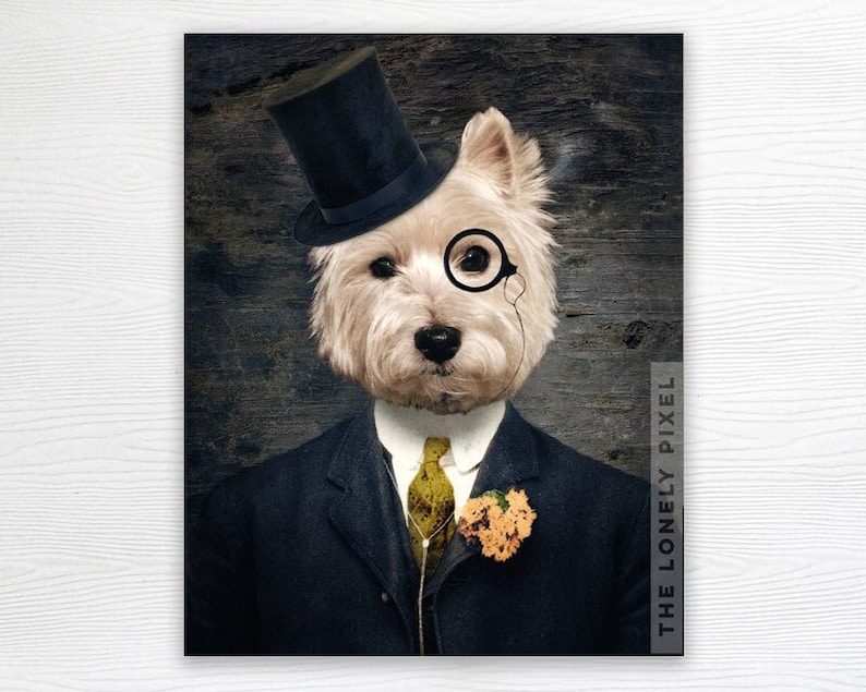 a photo of a westie dog dressed in a suit, top hat and monocle