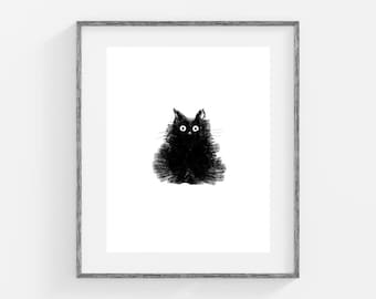 Black Cat Drawing - Cute Illustration Print - 5x7 11x14 - Duster
