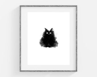 Black Cat Drawing - Cute Illustration Print - 5x7 11x14 - Duster