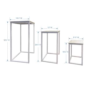 May include: Three white metal display stands with grey tops. The largest stand is 82.5 cm high and 36.2 cm wide. The medium stand is 62.2 cm high and 30.5 cm wide. The smallest stand is 41.9 cm high and 24.8 cm wide.