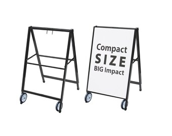 Black Double Sided Metal A-Frame Sign with Wheels – Portable Sidewalk Sign for Outdoor Advertising- Café Sign