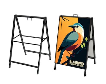 Zwarte dubbelzijdige metalen A-frame stoepbordhouder – Duurzame reclamestandaard voor buiten