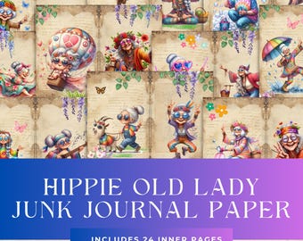 Hippie Old Lady Junk Journal Pages - grappige oude vrouw - digitale download - benodigdheden voor scrapbooking