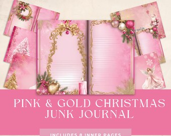 Pink and Gold Christmas Digital Paper - Vintage Retro Junk Journal - Printable Scrapbook Supplies