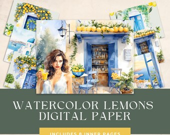 May include: A digital paper pack with eight watercolor illustrations featuring lemons, a woman, a blue door, and a cafe setting. The illustrations are in a light blue, yellow, and green color scheme.