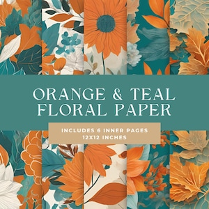 Könnte beinhalten: Ein Set aus sechs digitalen Papieren im Format 30,5 x 30,5 cm mit orangefarbenen und türkisfarbenen Blumenmustern. Die Papiere eignen sich perfekt für Scrapbooking, Kartenherstellung und andere Bastelprojekte.