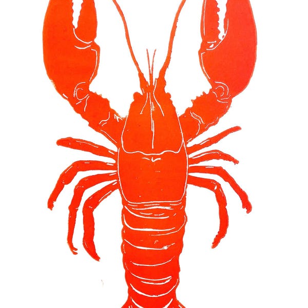 Puede incluir: Ilustración naranja vibrante de una langosta sobre fondo blanco. La langosta se representa de forma detallada y estilizada, mostrando sus pinzas, patas y cuerpo segmentado. La obra tiene una calidad gráfica audaz, ideal para decoración.