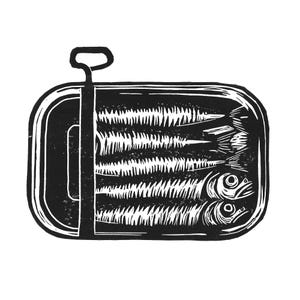 Puede incluir: Grabado en linóleo en blanco y negro de una lata de sardinas rectangular. La lata está abierta, revelando varios peces con escamas y ojos detallados. La anilla es visible, sobre un fondo blanco.