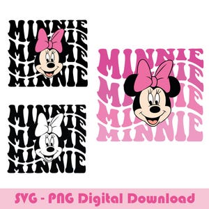 K&ouml;nnte beinhalten: Zwei digitale Designs mit Minnie Maus, wobei das Wort "Minnie" in einem wellenf&ouml;rmigen Muster wiederholt wird. Ein Design ist in Schwarzwei&szlig;, das andere in Rosa und Wei&szlig;.