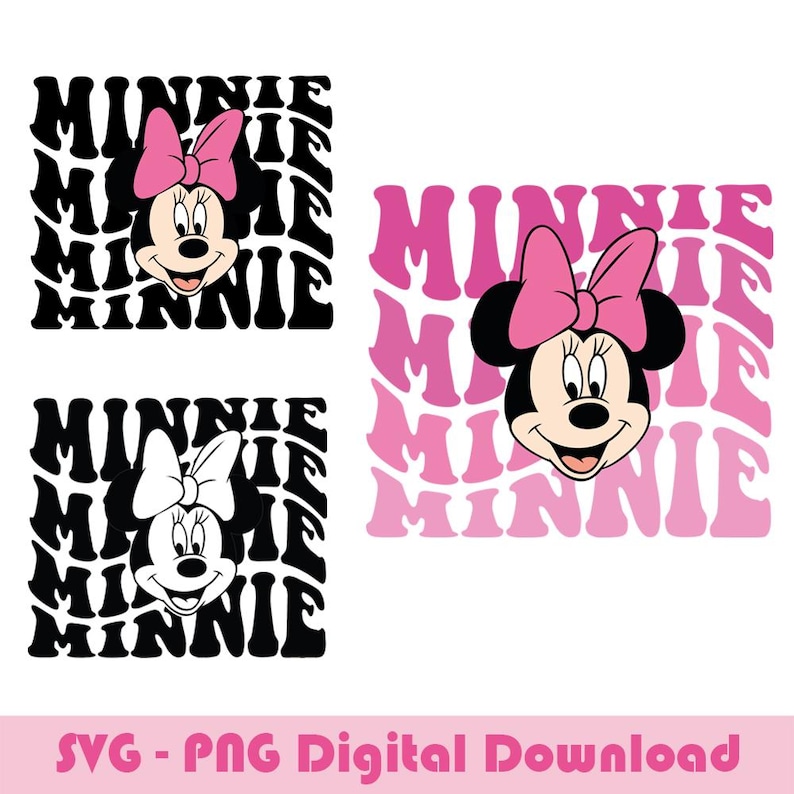 K&ouml;nnte beinhalten: Zwei digitale Designs mit Minnie Maus, wobei das Wort "Minnie" in einem wellenf&ouml;rmigen Muster wiederholt wird. Ein Design ist in Schwarzwei&szlig;, das andere in Rosa und Wei&szlig;.